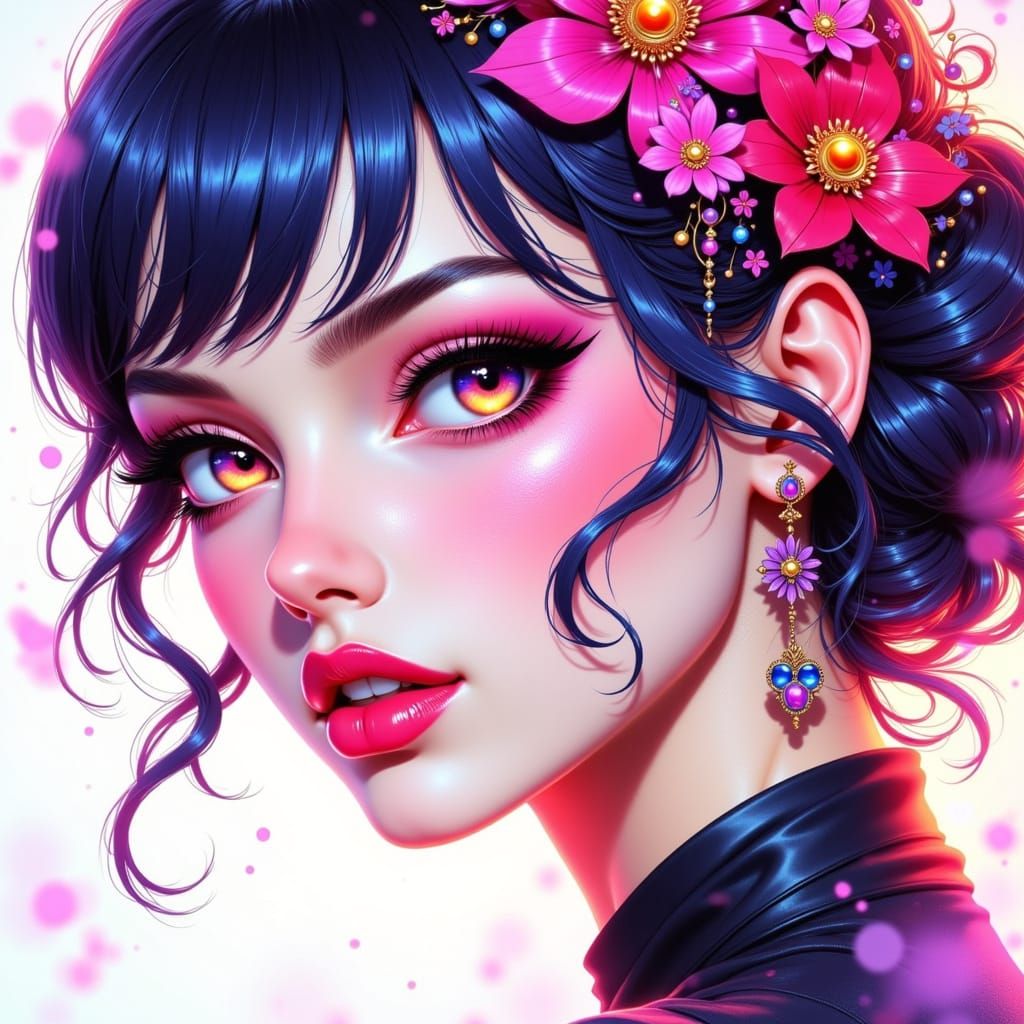 Glamorous Anime-Inspired Portrait in Neon Watercolor