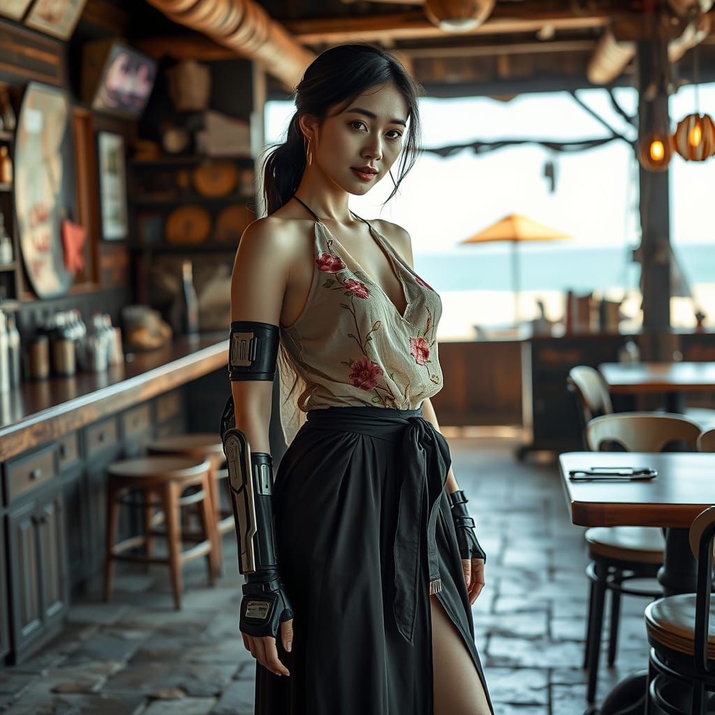 Vietnamese Woman With Bionic Arm in Rustic Bar
