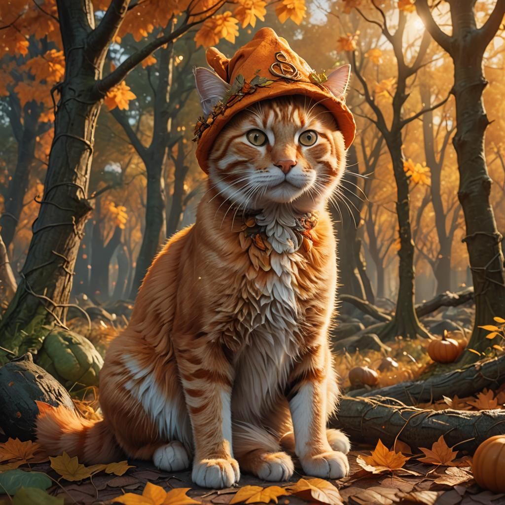 Tabby Cat in Pumpkin Hat, Fantasy Art