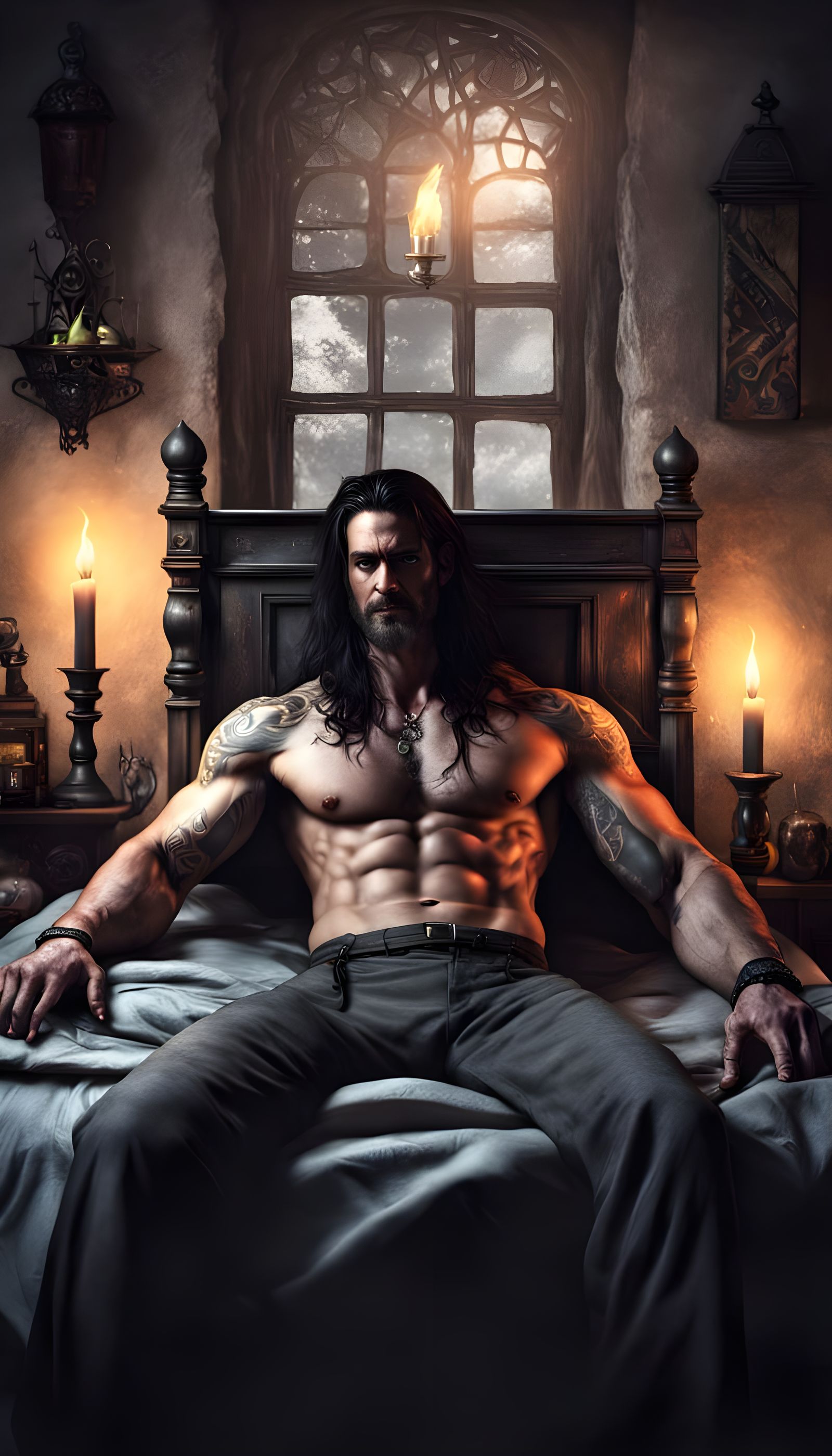 Handsome Male Witch in Medieval Bedroom