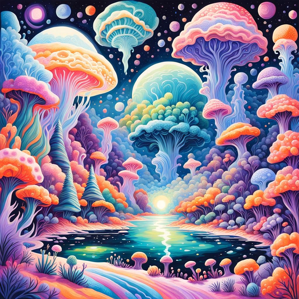 Kaleidoscopic Alien Planet with Bioluminescent Plants