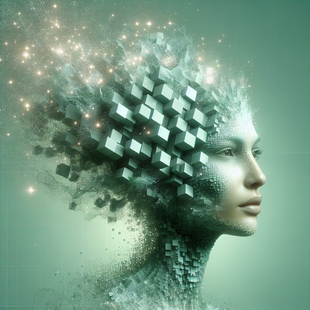 Surreal Light Green Portrait of Woman Merging with Cubes
