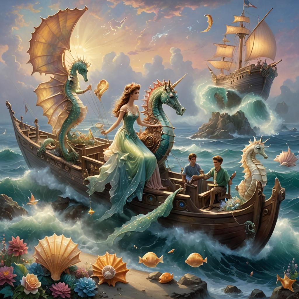 Seahorses Pulling Seashell Boat in Ethereal Fantasy