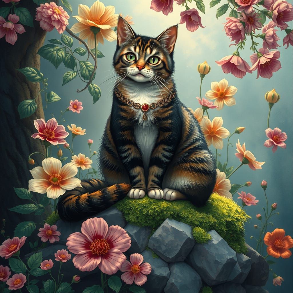 Cat Among Flowers in Alphonse Mucha Art Nouveau Style
