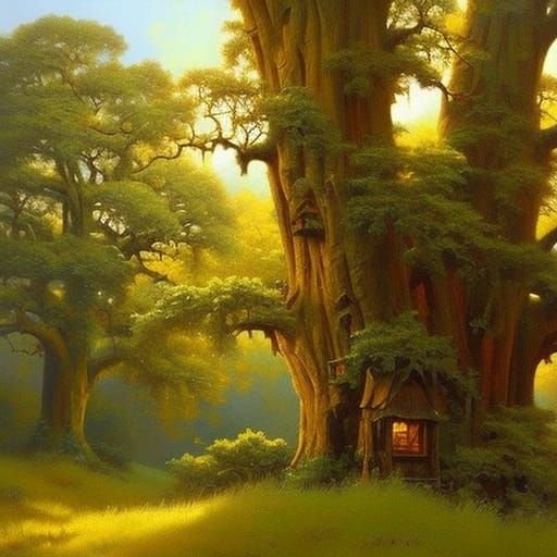 Treehouse in the Wild as Oil Painting