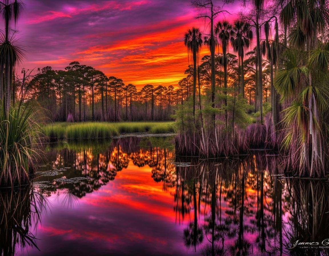 Louisiana bayou swamp with a orange, yellow, pink, red and purple sunset, selective colour orange, yellow, pink, red and...