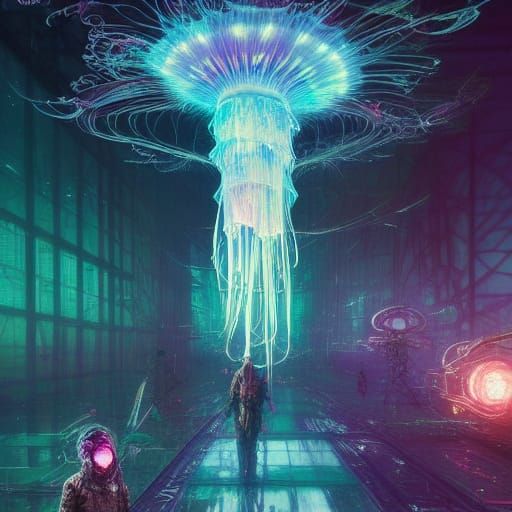 Electric Jellyfish Predator in Psychedelic LSD Art Style