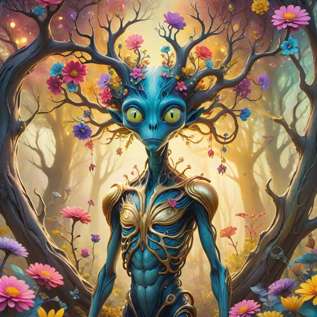 Alien in Colorful Forest, Whimsical Digital Art
