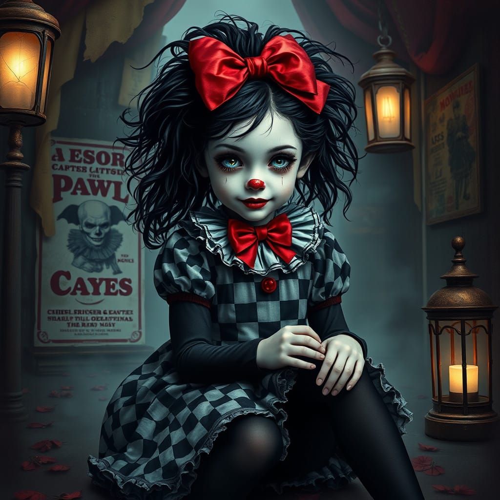 Gothic Clown Girl in Victorian Mourning Attire