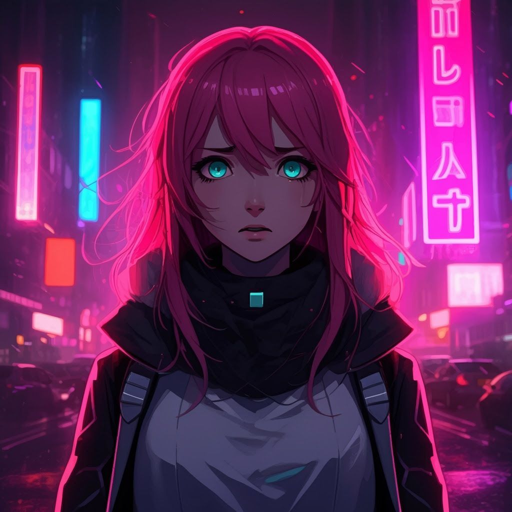Manga Woman in Neon Cityscape, Studio Trigger Style
