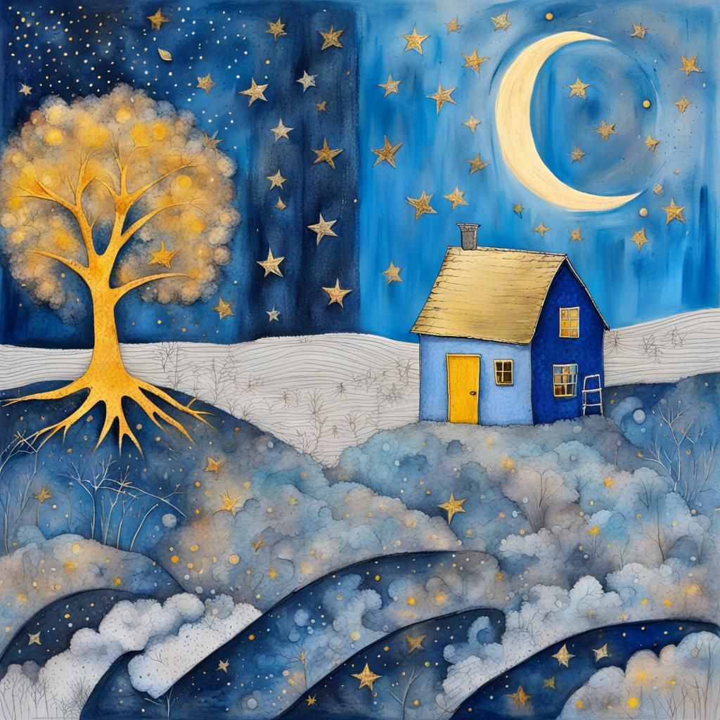 Blue Lunar Landscape in Art Brut Style