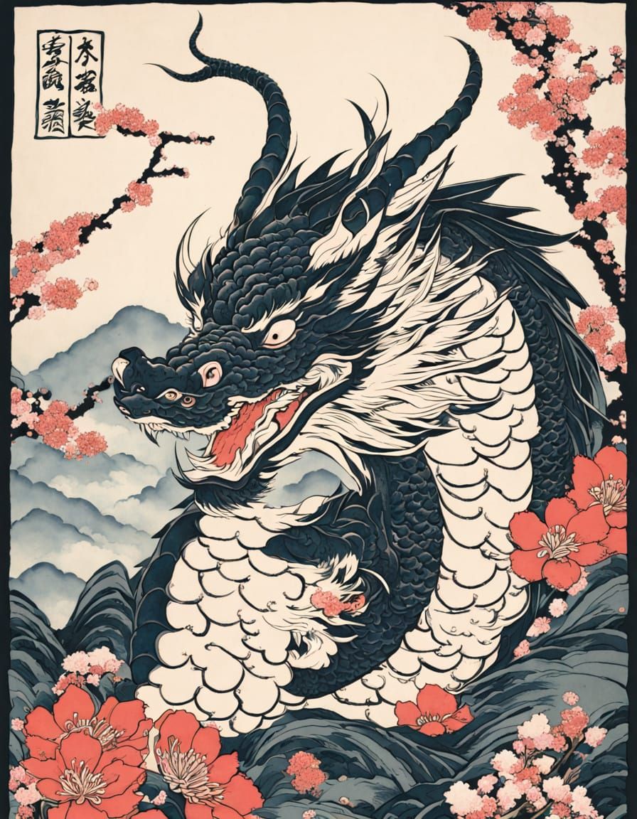 Sakura Dragon in Traditional Japanese Art Style
