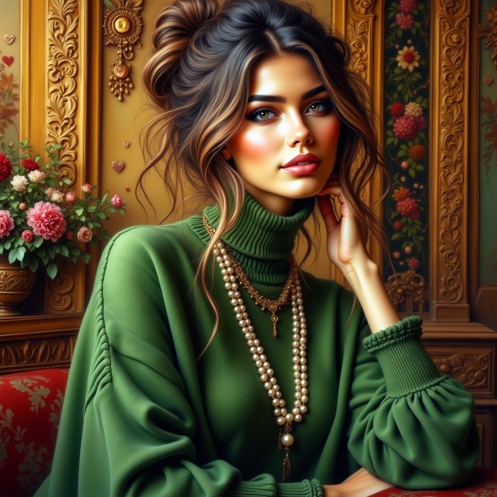 Ethereal Pre-Raphaelite Portrait of a Green-Clad Beauty