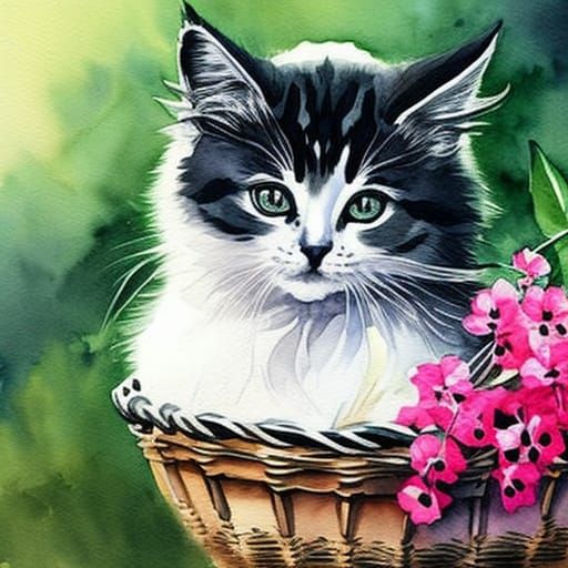Kitten in Flower Basket: Watercolor Painting