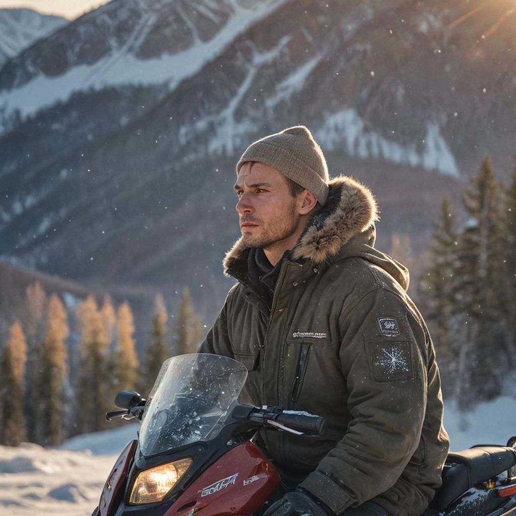 Snowmobile Scene with Young Man in Winter Landscape