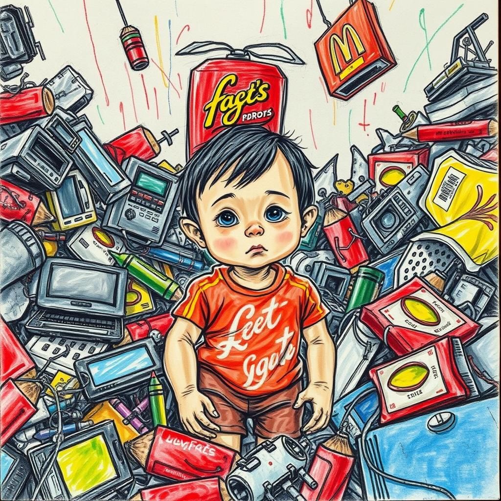 Child Surrounded by Trash in Playful Dystopian Art