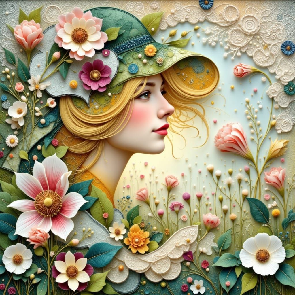 Art Nouveau Smiling Face in Dreamy Floral Field