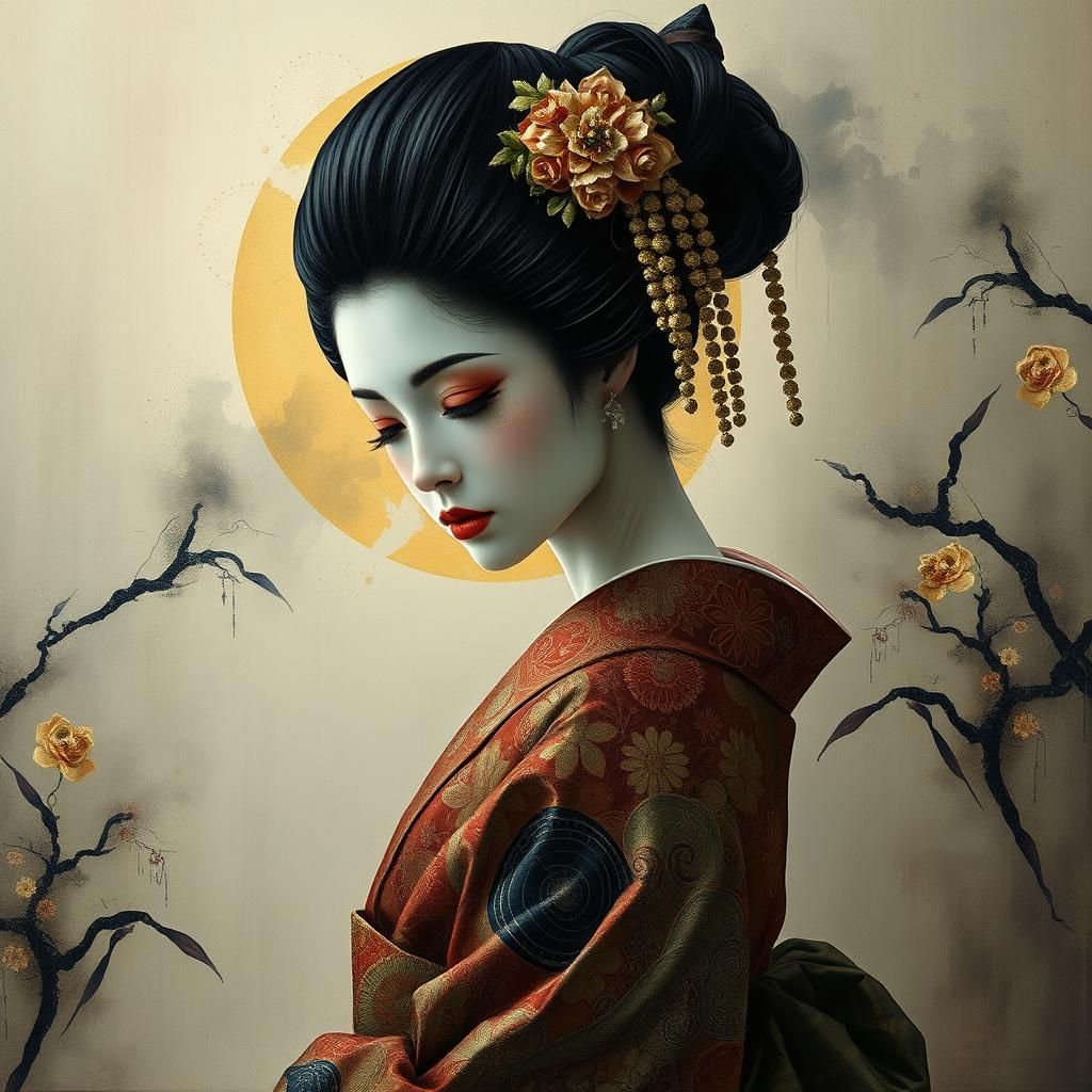 Ethereal Geisha in Art Deco Impasto Style