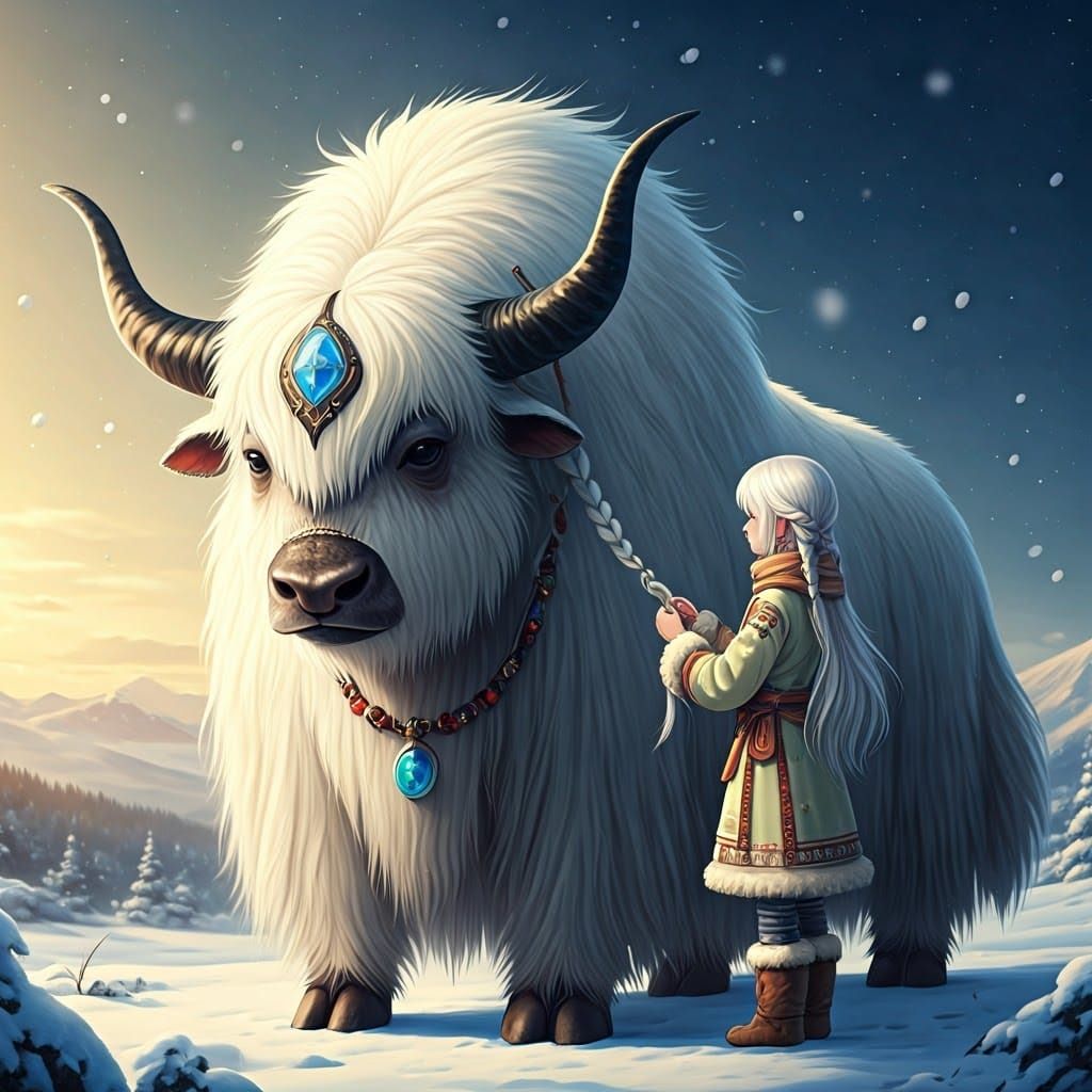 Majestic Fantasy Scene with Snow-White Maiden and Gentle Gia...