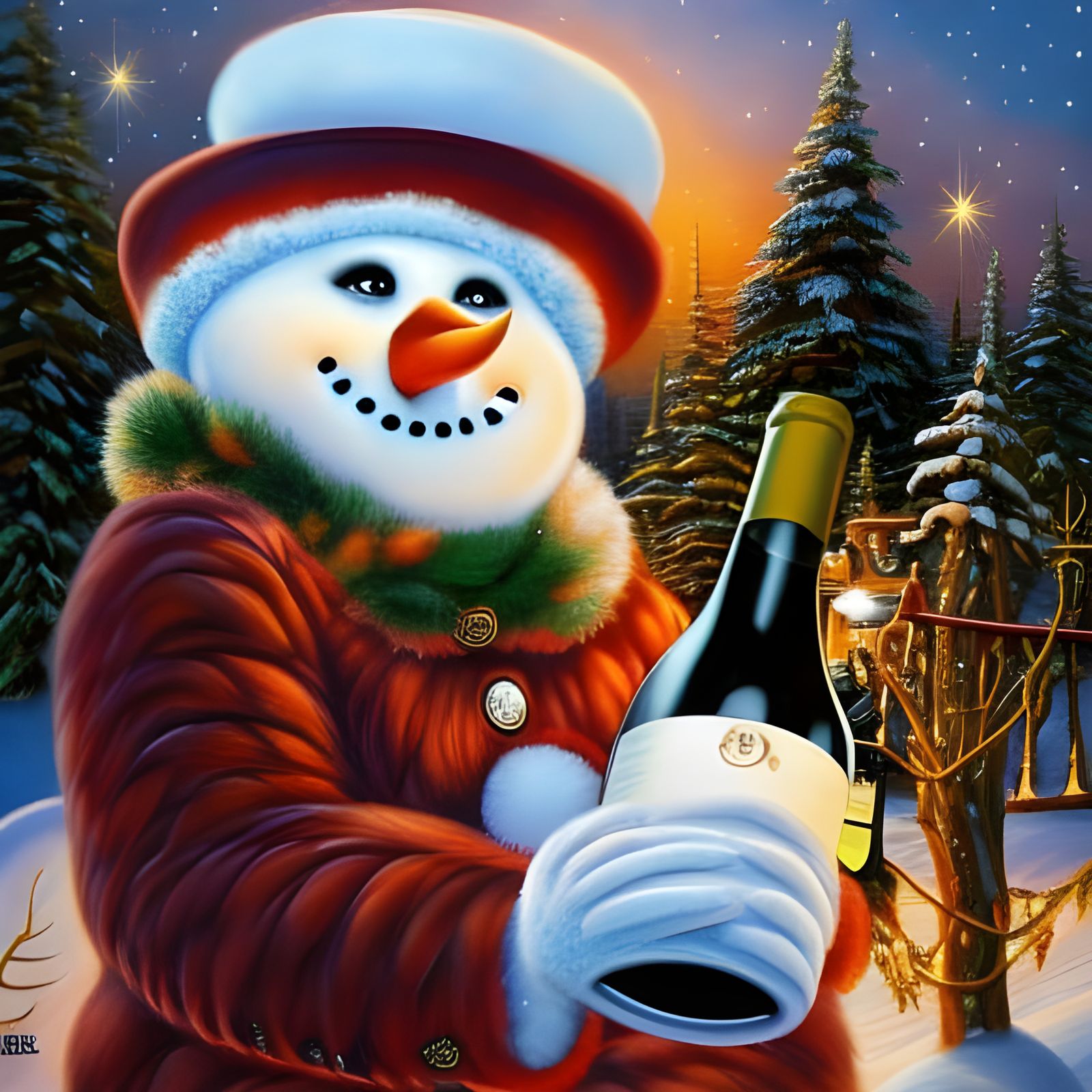 Drunk Snowman Bending Over with Wine: Oil Painting