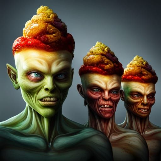 Creepy Alien Fast Food Staff in Hyperrealistic Style