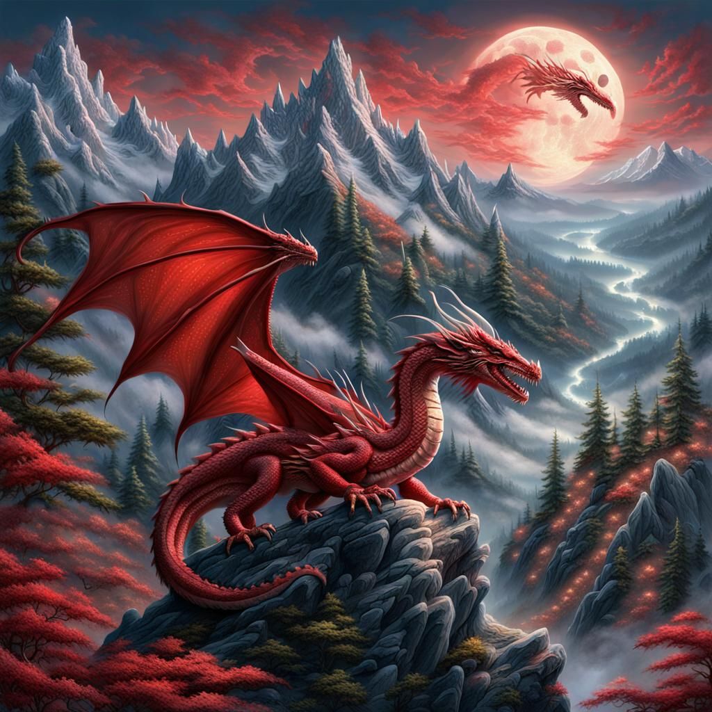 Majestic Red Dragon Under Moonlight: Ethereal Fantasy Art