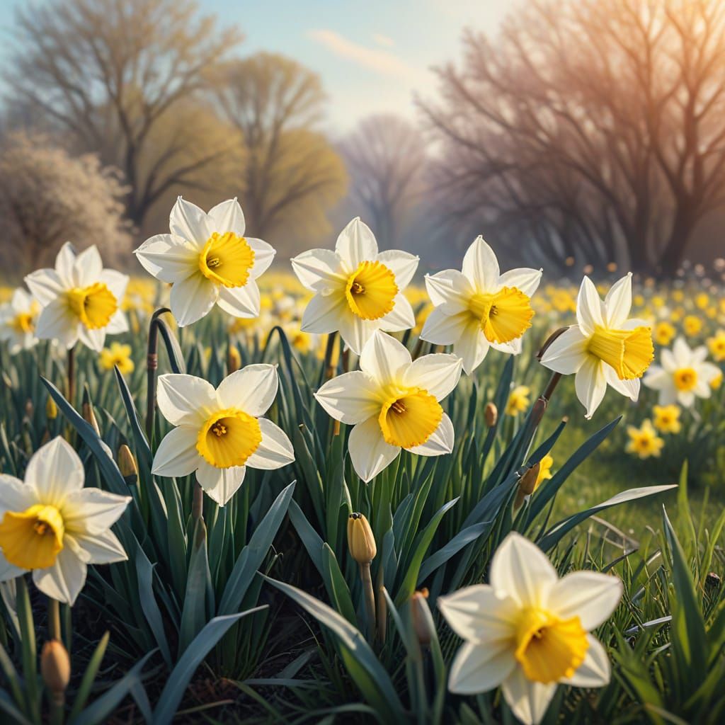 Daffodils Bloom in Sunny Meadow: Airbrush Art