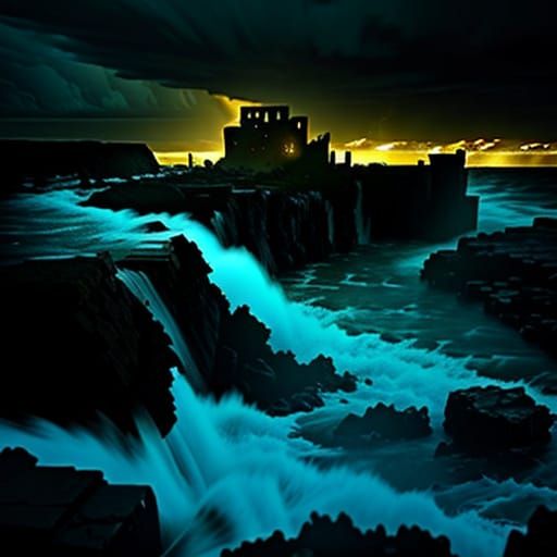 Apocalyptic Torrent Sweeping Through Ruins: Dramatic Oil Pai...