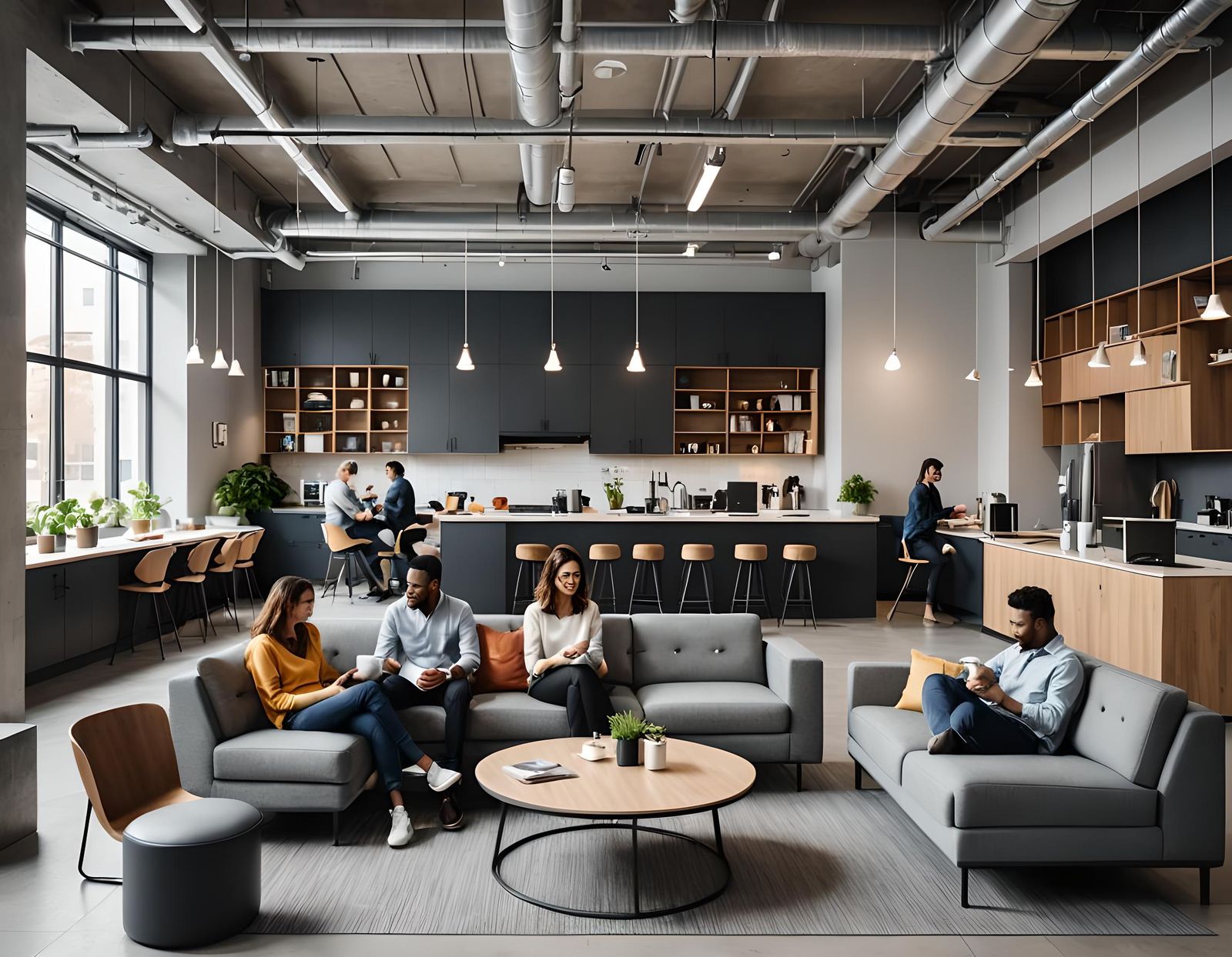Modern Office Breakroom with Relaxing Employees