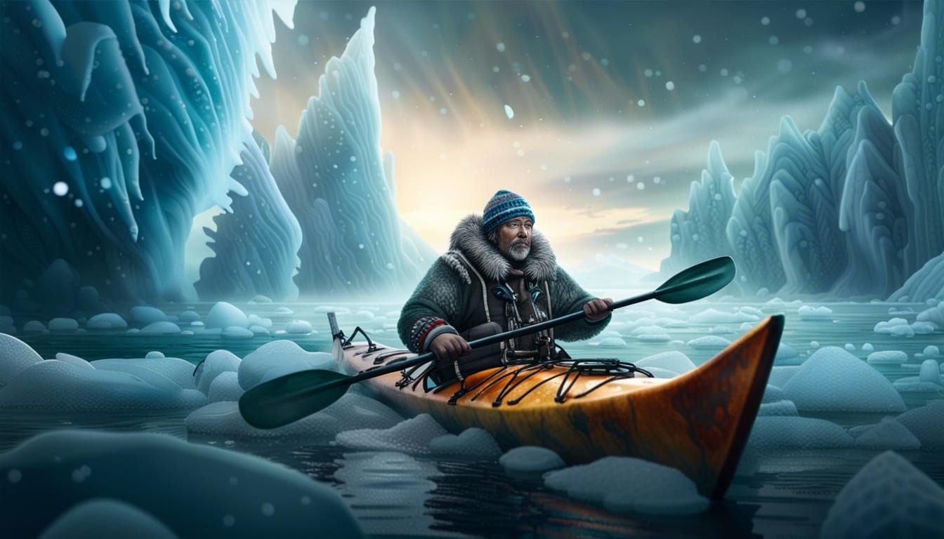 Inuit Hunter Kayaking in Arctic Sea