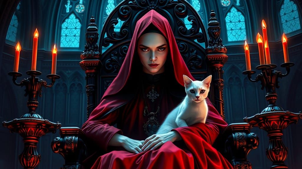 Vampire Nun Reigns in Gothic Abbey with Pristine White Cat
