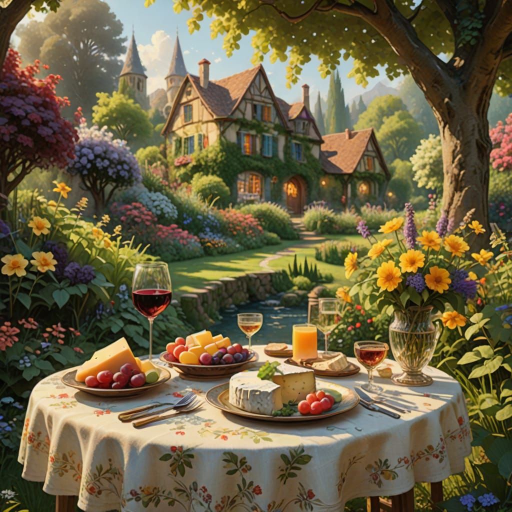 Ethereal French Garden Scene with Wine and Cheese