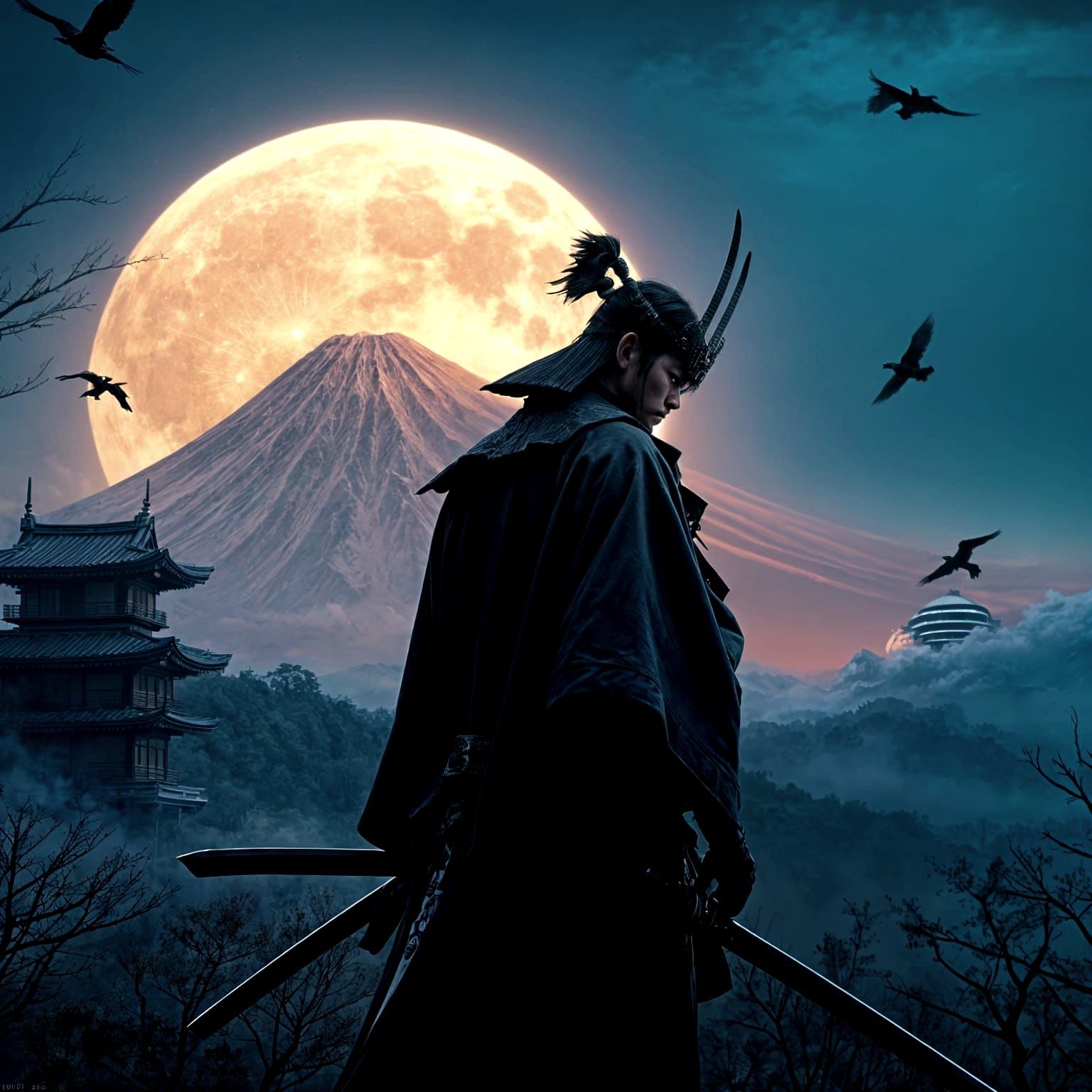 Samurai in Surreal Japanese Landscape at Night