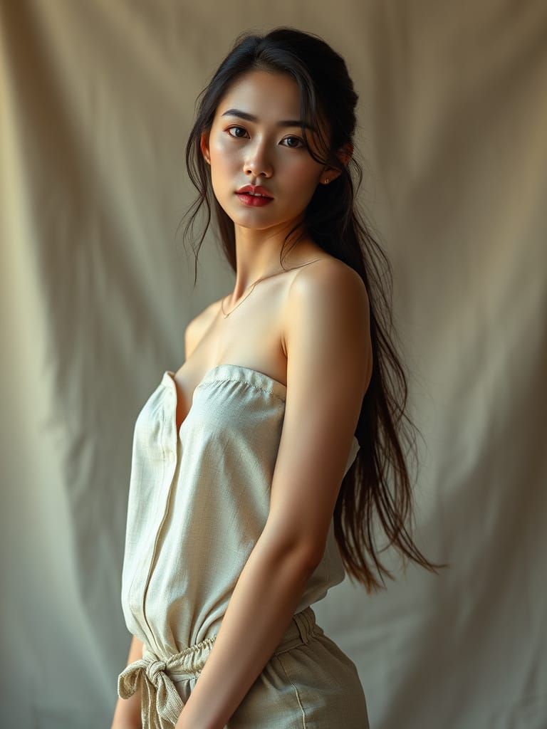 Vietnamese Goddess in Elegant Linen, Cyberpunk Style