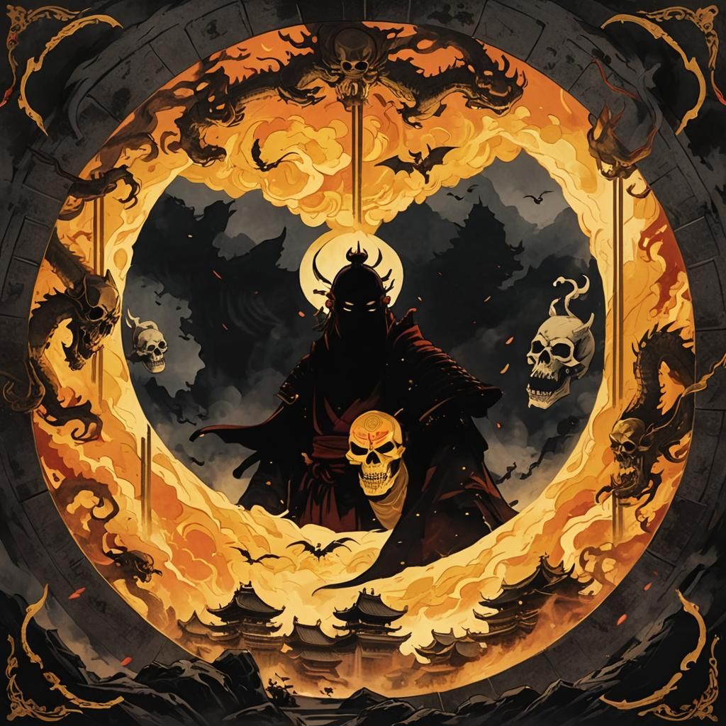 Samurai with Skull Mask in Japanese-Chinese Fusion Art