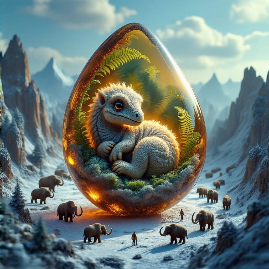 A phosphorescent clothed miniscule incredible detailed prehistoric fossil of cute baby Deinocheirus curled up with shiny...