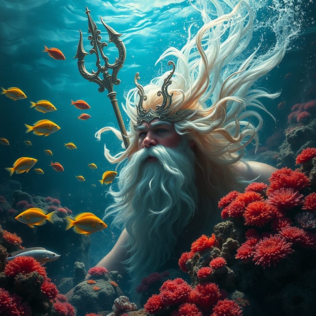 Poseidon in a Colorful Coral Reef: Cinematic Expression