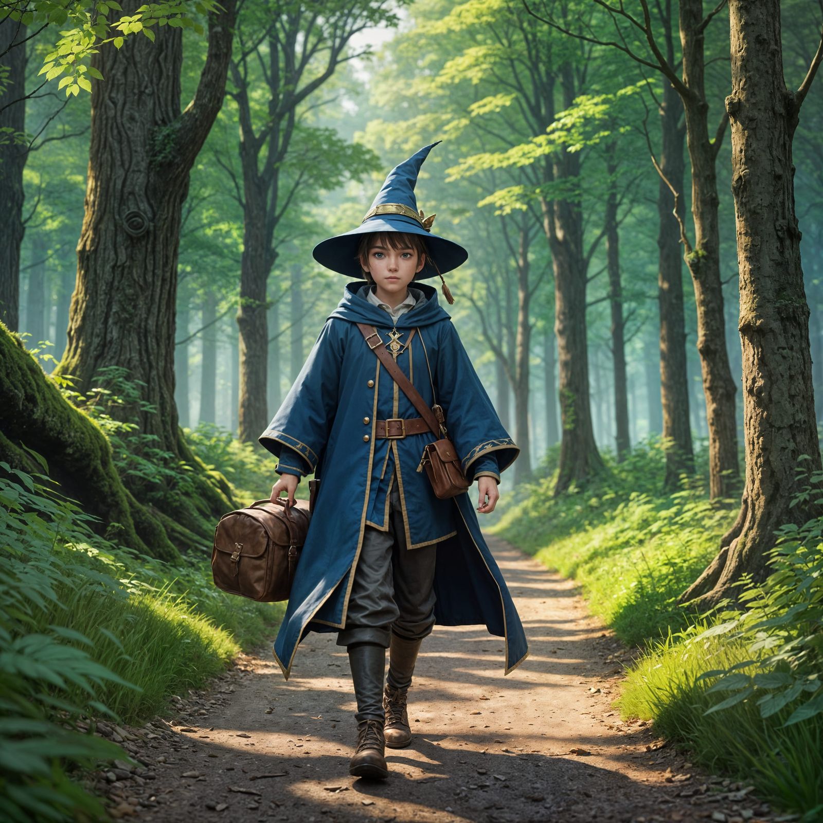 Young Wizard's Forest Road Adventure in 3D Anime Art
