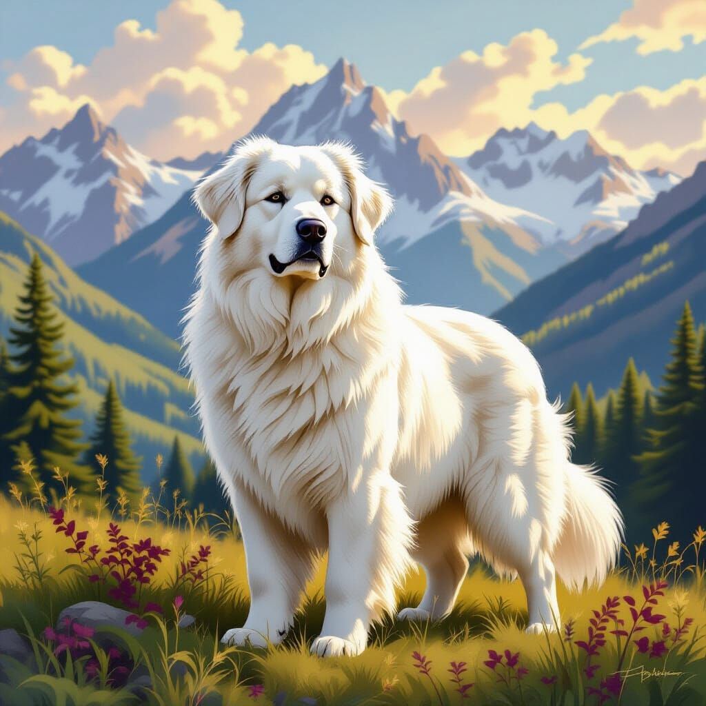 Majestic Great Pyrenees in Mountain Landscape