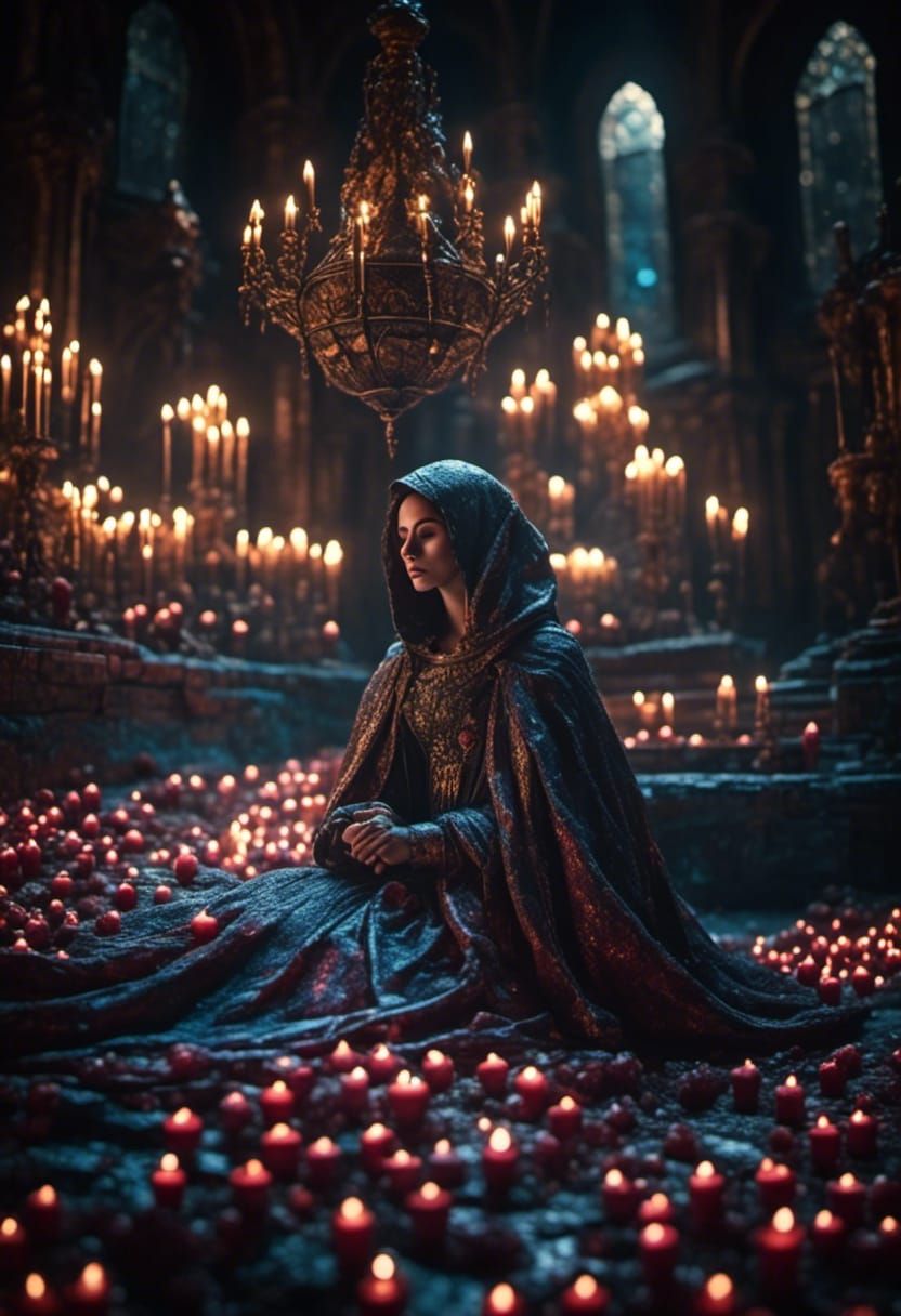 Moody Woman on Throne in Cathedral, Baroque Style