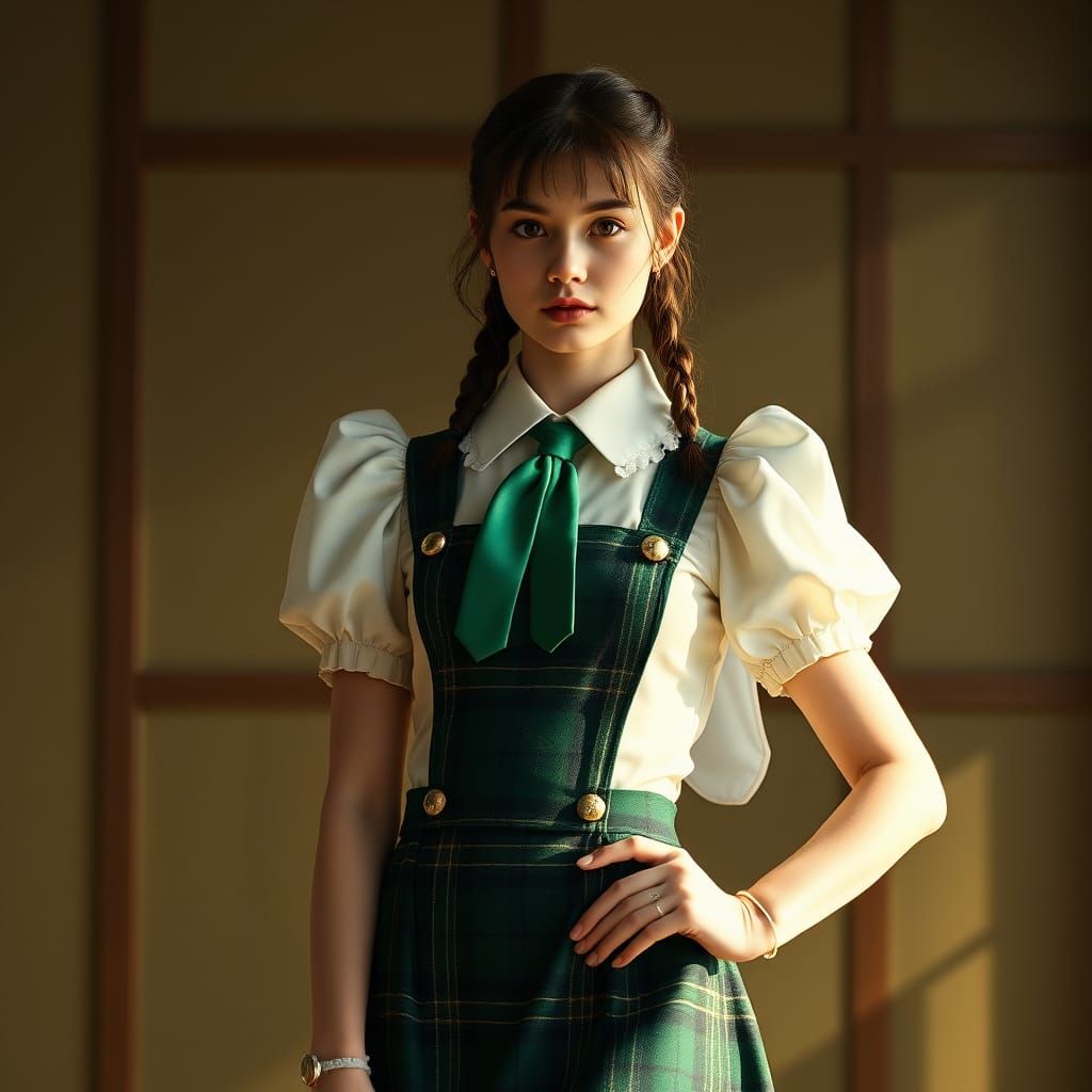 Regal Schoolgirl in Emerald Green Uniform