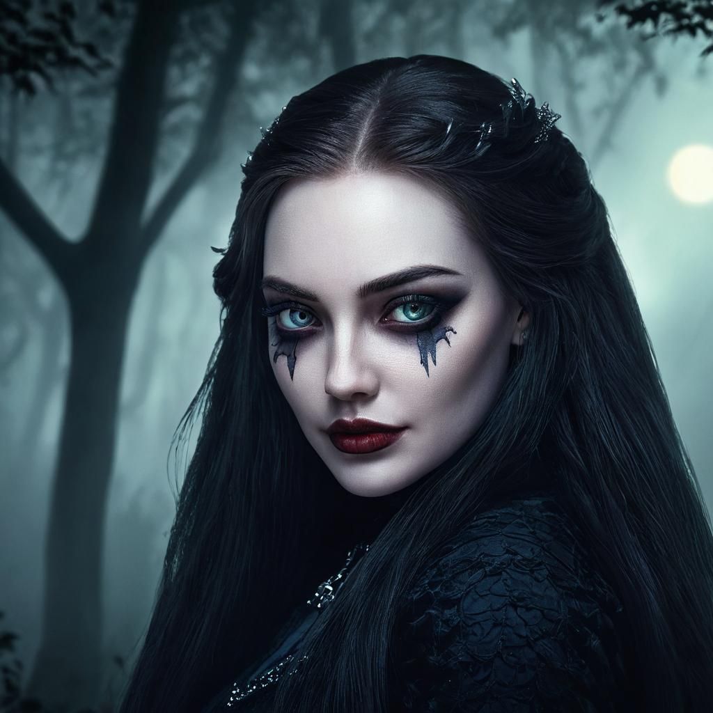 Gothic Vampire Girl Portrait in Misty Forest