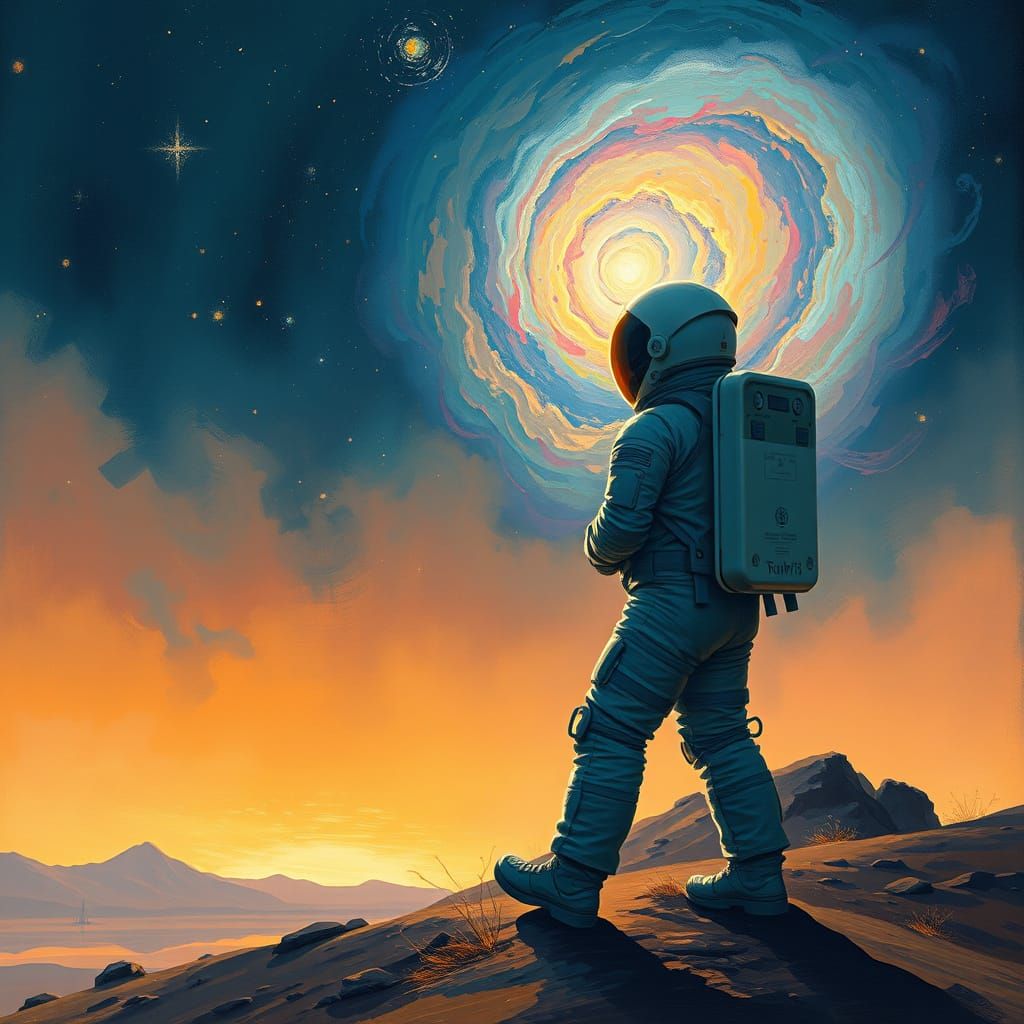 Astronaut Gazing at Nebula in Impressionistic Style