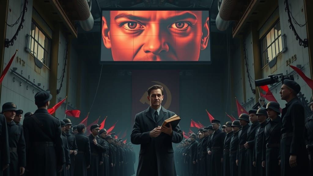 Dystopian Figure Overwhelmed by Surveillance State