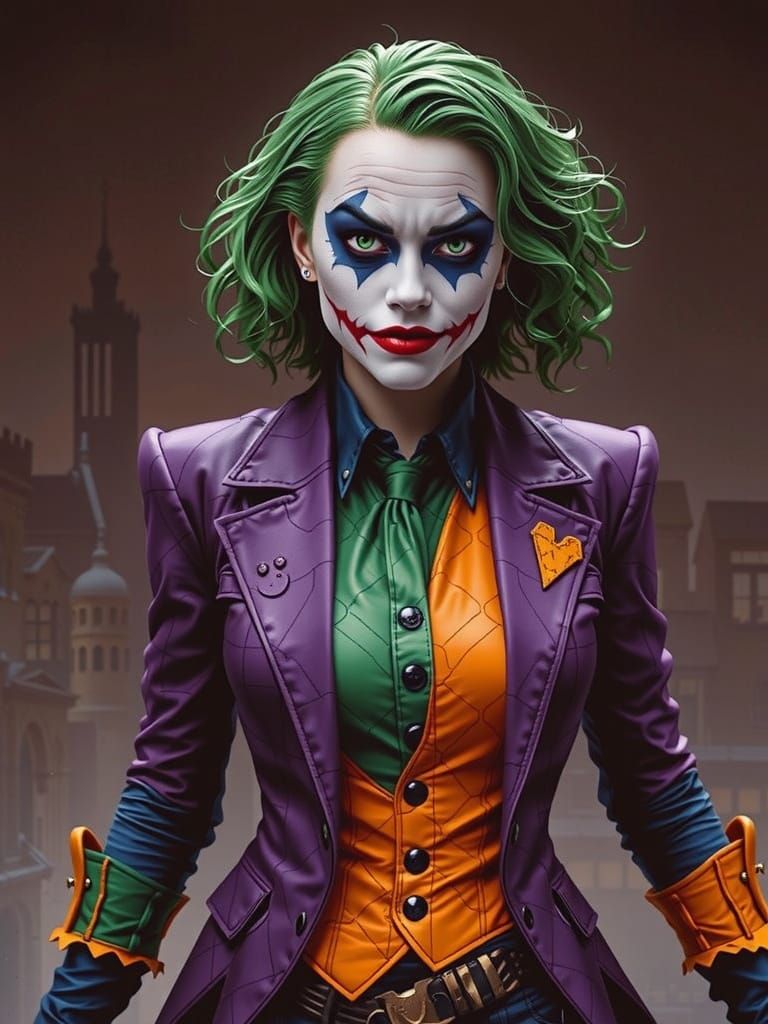 Female Joker with Gotham Skyline, in DC Comics Style
