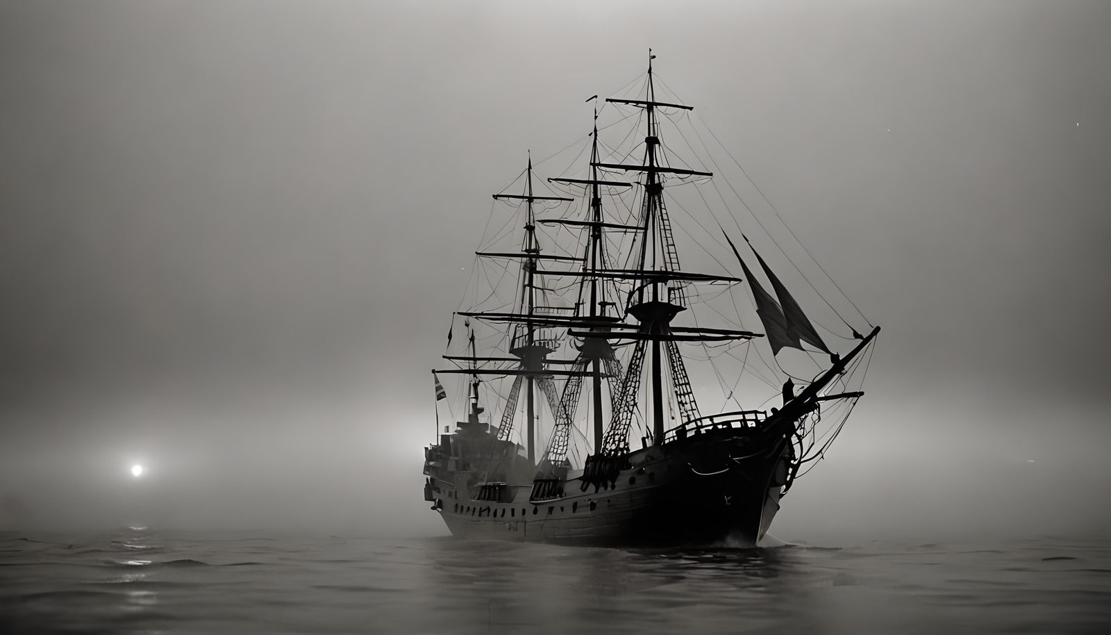 Ghost Ship Emerges from Fog in Black and White