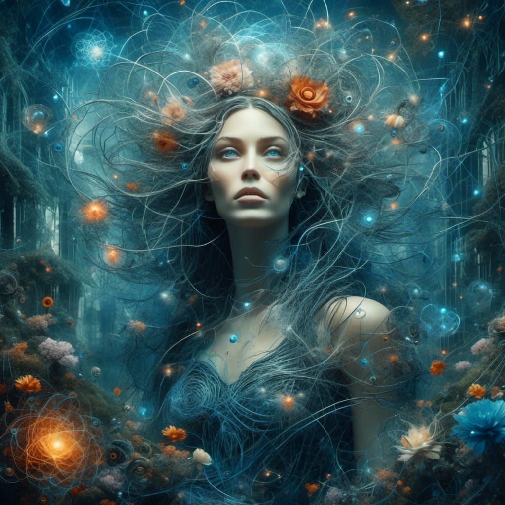 Enchanted Witch with Glowing Eyes in Cosmic Forest