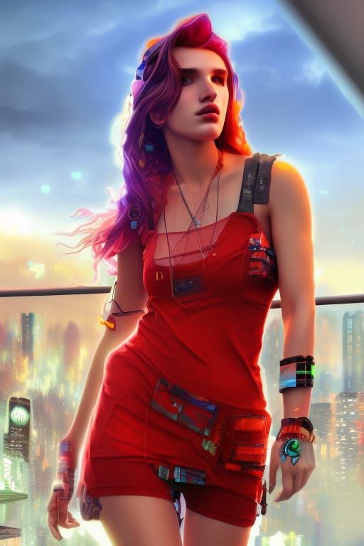 Cyberpunk Bella Thorne in a red dress