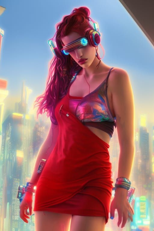 Cyberpunk Bella Thorne in a red dress
