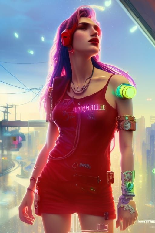 Cyberpunk Bella Thorne in a red dress